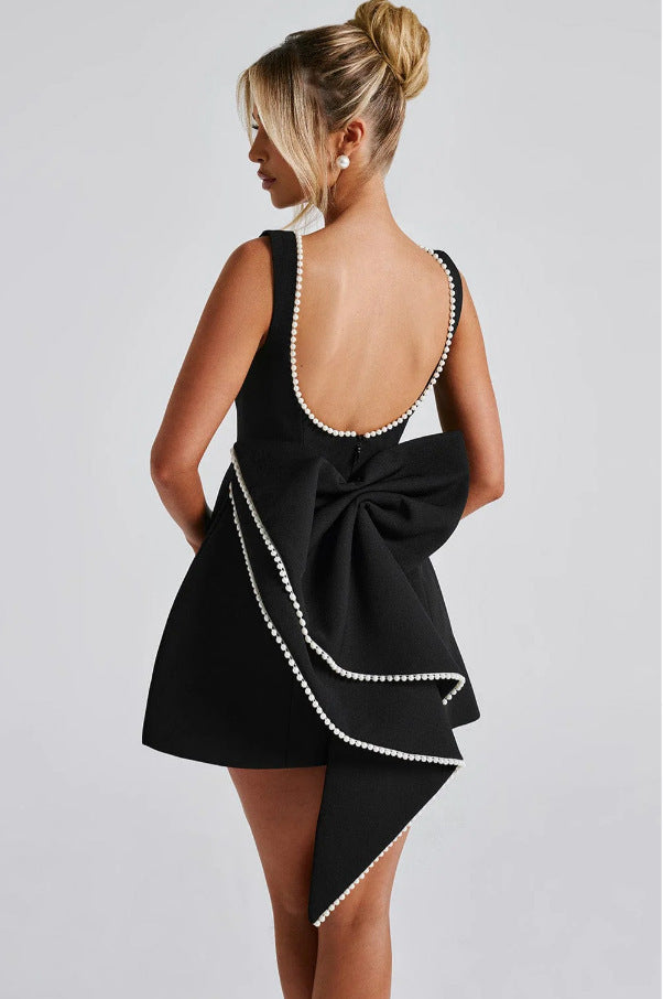 Pearl-Trim Bow Back Mini Dress in black - view 3