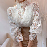 Vintage Crochet Lace High-Neck Blouse in cream - view 2