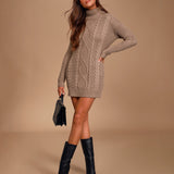 Taupe Cable Knit Turtleneck Sweater Mini Dress in taupe - view 4