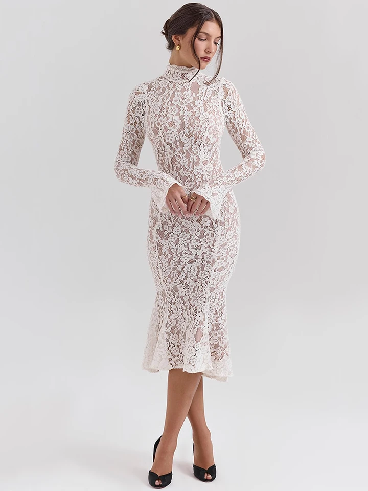 Ivory Lace High-Neck Long Sleeve Midi Dress in ivory - view 3