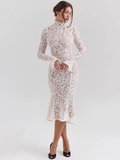 Ivory Lace High-Neck Long Sleeve Midi Dress in ivory - view 3