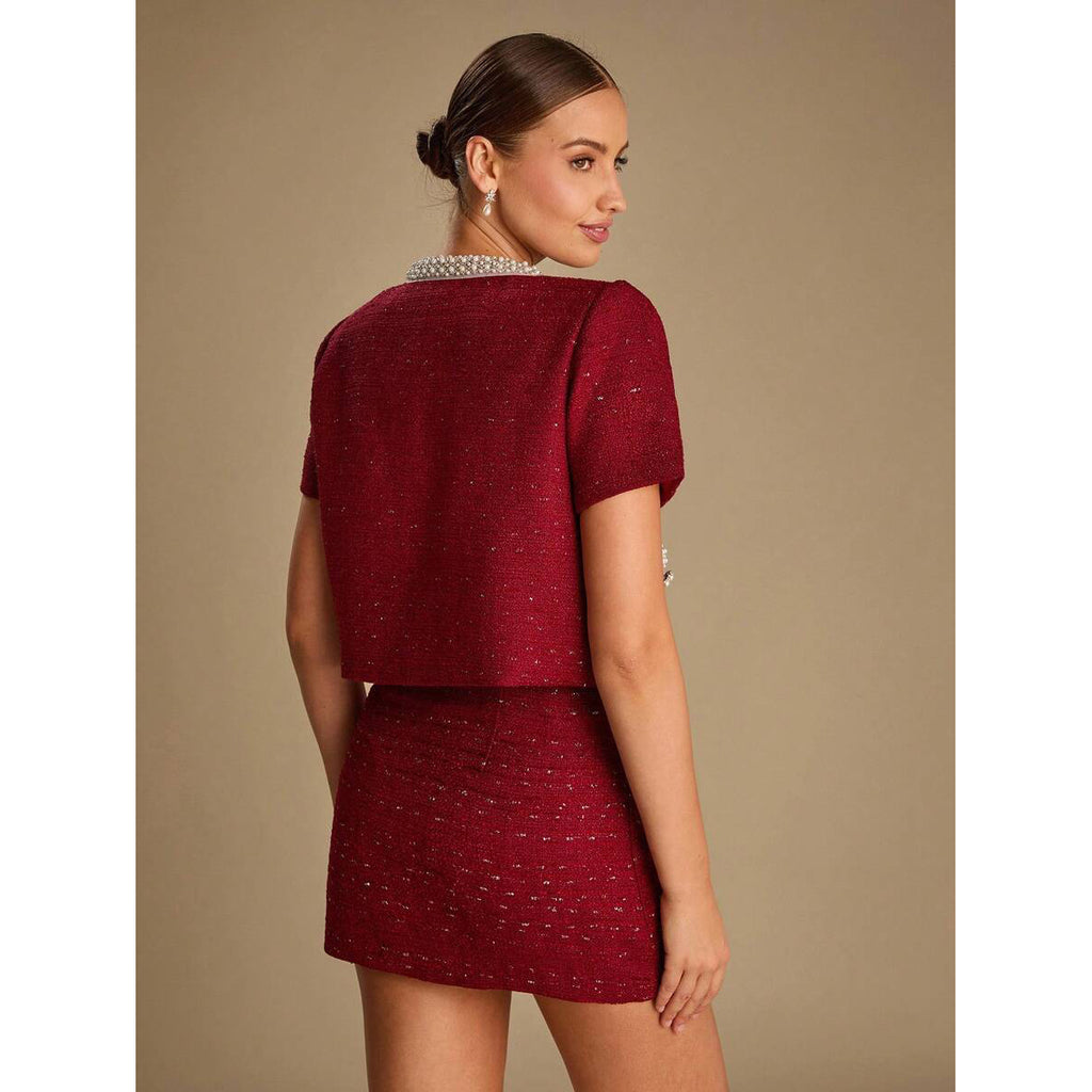 Tweed Cropped Jacket and Shorts Set in burgundy - view 6