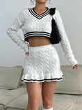 Cable Knit Cropped Sweater and Ruffle Mini Skirt Set in cream - view 2