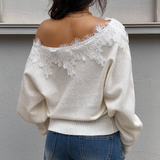 Off-Shoulder Lace-Trim Knit Sweater in cream - view 2