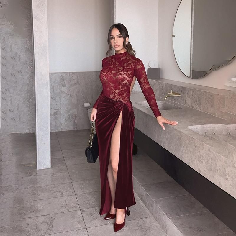 Burgundy Velvet Lace Bodice Backless Maxi Dress in burgundy - view 2
