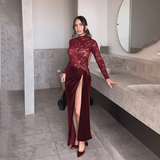 Burgundy Velvet Lace Bodice Backless Maxi Dress in burgundy - view 2