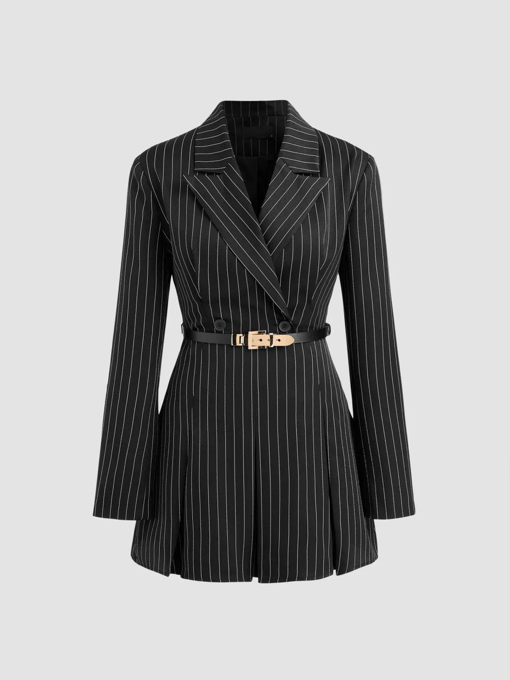 Black Pinstripe Belted Blazer Dress in black - view 5