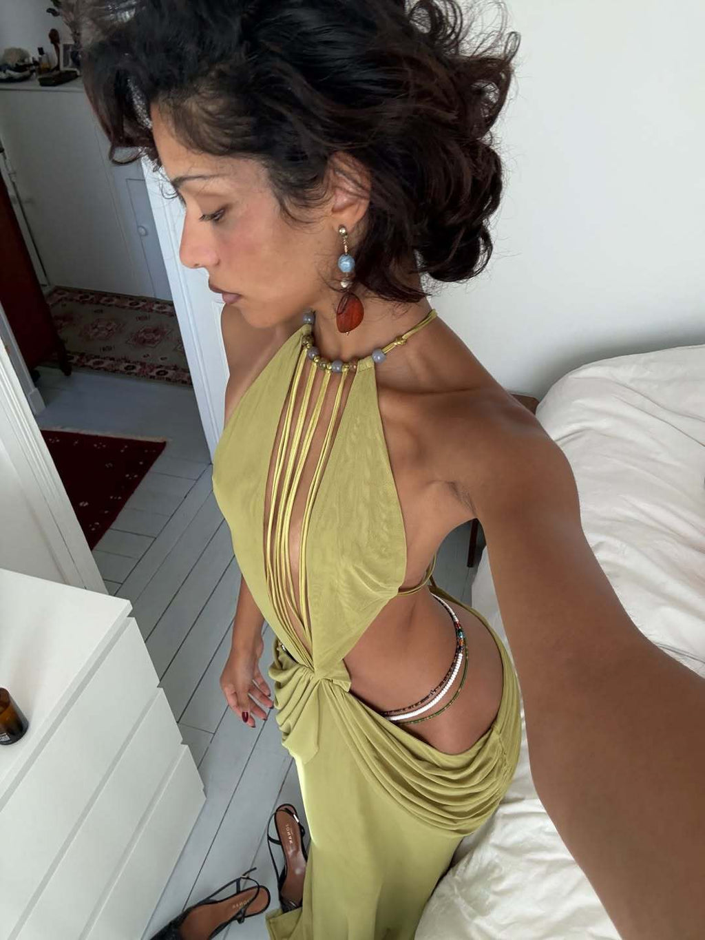 Olive Halter Cutout Draped Maxi Dress in olive - view 5