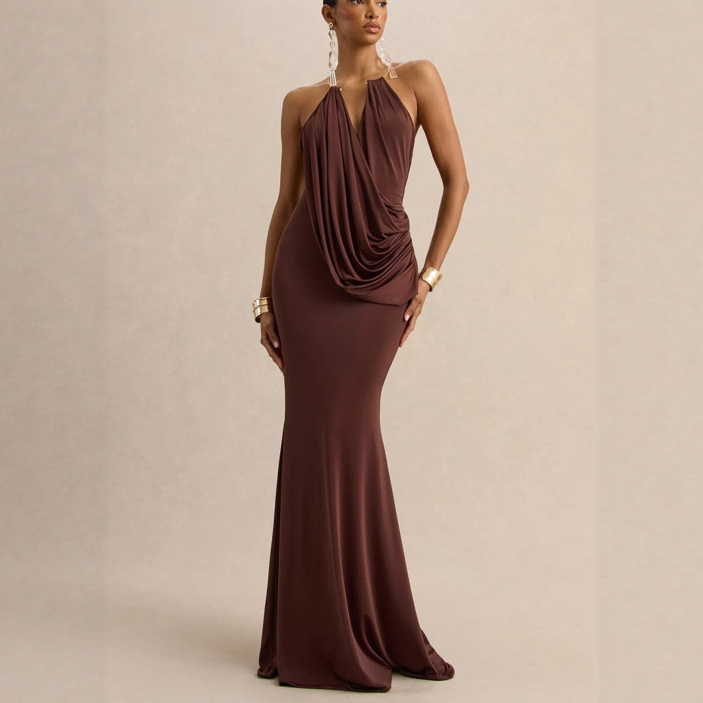 Chocolate Halter Draped Mermaid Maxi Dress in chocolate - view 6