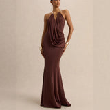 Chocolate Halter Draped Mermaid Maxi Dress in chocolate - view 6
