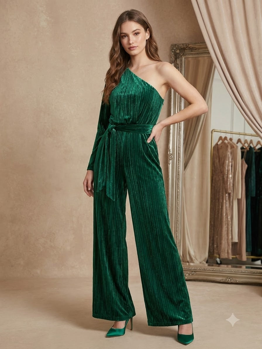 Emerald Velvet One-Shoulder Belted Wide-Leg Jumpsuit in emerald - view 6