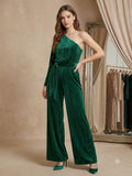 Emerald Velvet One-Shoulder Belted Wide-Leg Jumpsuit in emerald - view 6