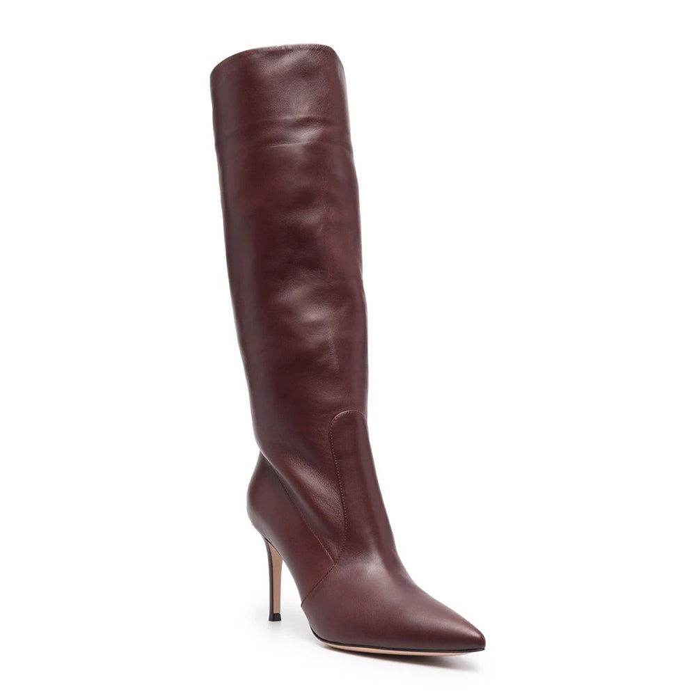 Burgundy Leather-Look Pointed Knee-High Boots in burgundy - view 4