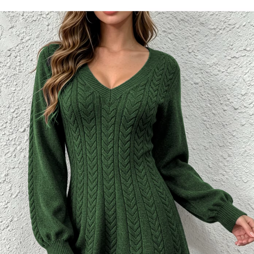 V-Neck Cable Knit A-Line Sweater Mini Dress in green