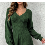V-Neck Cable Knit A-Line Sweater Mini Dress in green