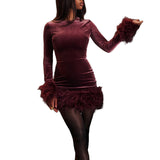 Burgundy Velvet Feather-Trim Mini Dress in burgundy - view 4