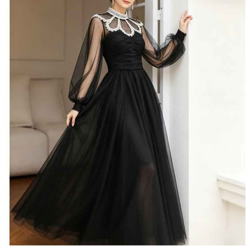 Black Tulle Lace Collar Maxi Dress in black