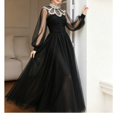 Black Tulle Lace Collar Maxi Dress in black