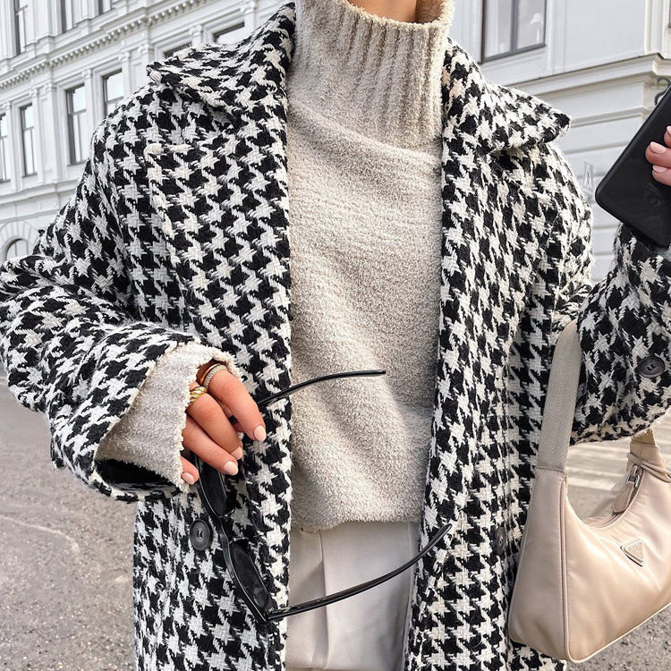 Houndstooth Belted Longline Wrap Coat in black and white houndstooth - view 3
