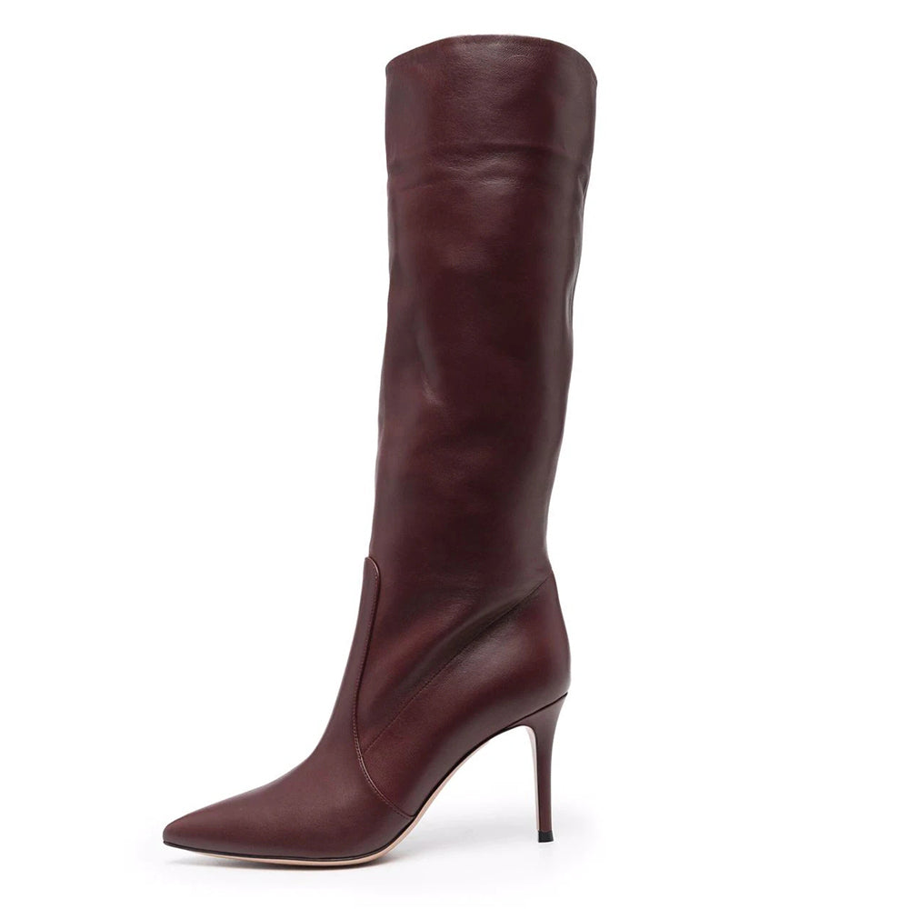 Burgundy Leather-Look Pointed Knee-High Boots in burgundy