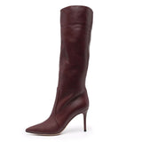 Burgundy Leather-Look Pointed Knee-High Boots in burgundy
