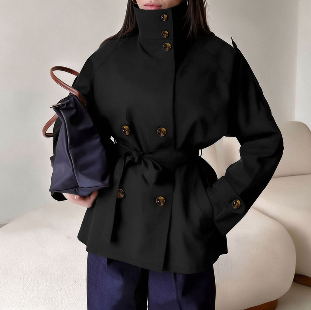 Cropped Stand Collar Belted Trench Jacket in black - view 3