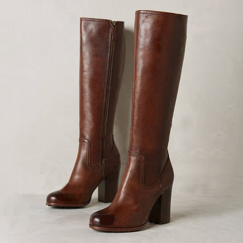 Cognac Leather-Look Block Heel Knee-High Boots in cognac - view 3