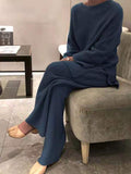 Loose Knit Sweater and Wide Leg Pants Set in navy - view 3