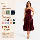 Burgundy Velvet Strapless Pleated Midi Dress in burgundy