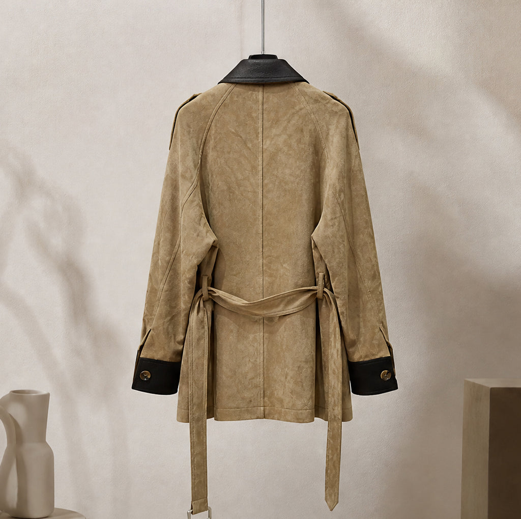 Faux Suede Leather-Collar Belted Double-Breasted Coat in khaki - view 6