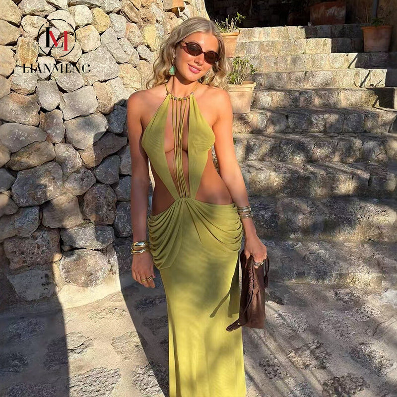 Olive Halter Cutout Draped Maxi Dress in olive