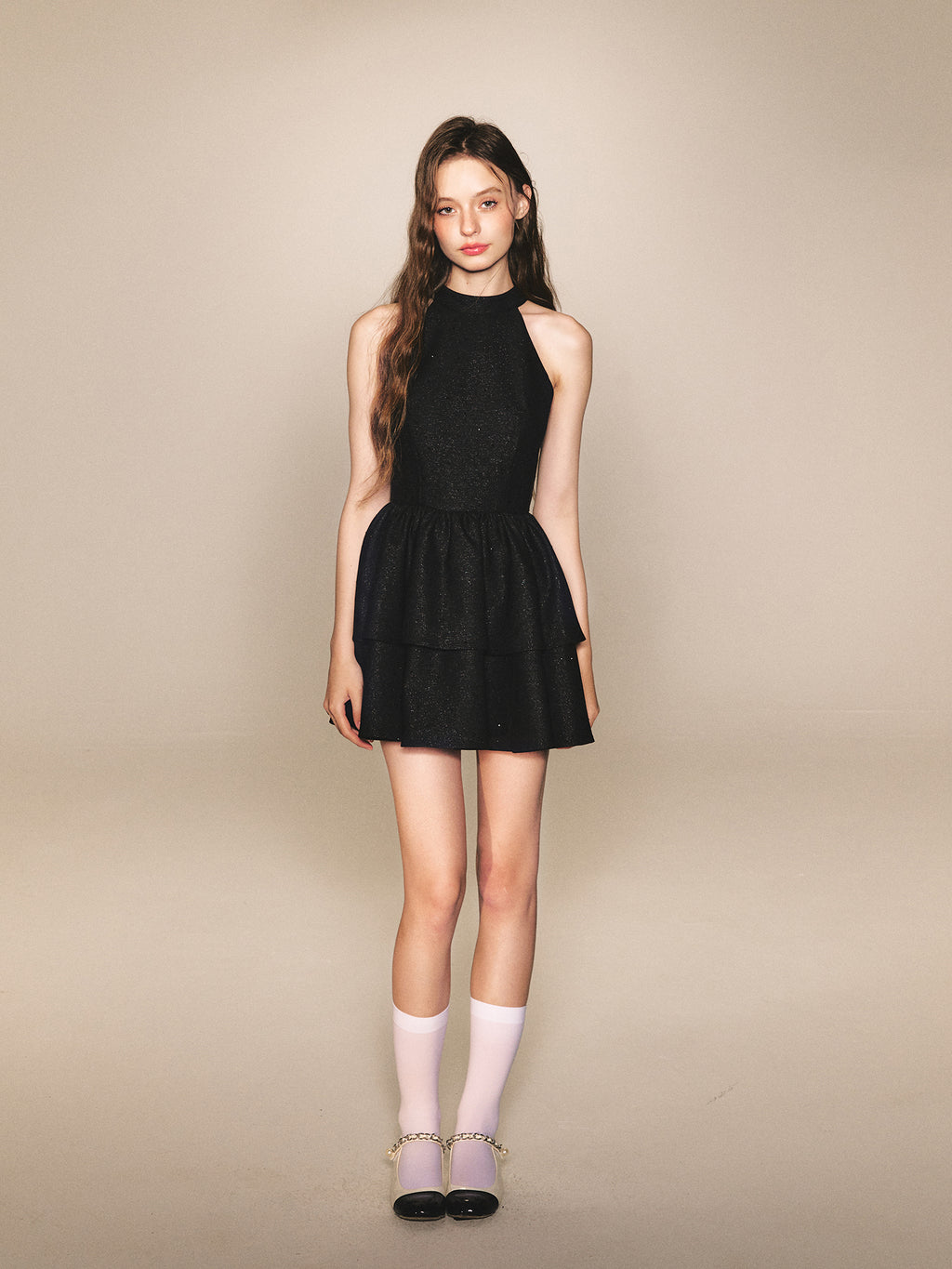 Halter Tiered Mini Dress with Bow Back in black - view 6