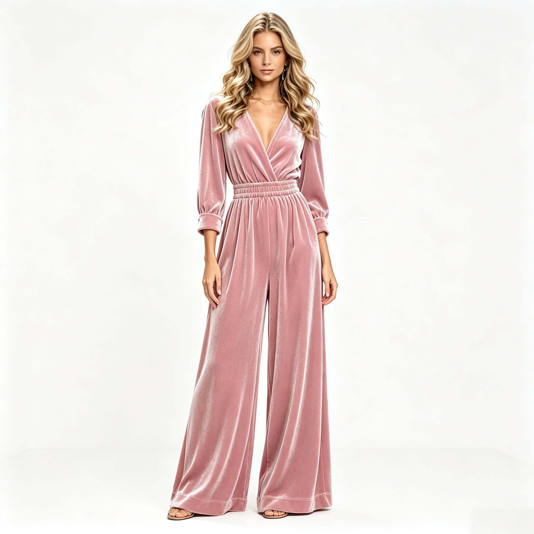 Velvet Wrap V-Neck Wide-Leg Jumpsuit in pink