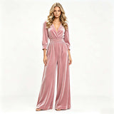 Velvet Wrap V-Neck Wide-Leg Jumpsuit in pink