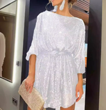 Sequin Long Sleeve Tie Waist Flowy Mini Dress in silver