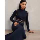 Color Block Ribbed Funnel Neck Midi Sweater Dress in navy - view 4