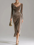 Velvet Cowl Neck Ruched High-Slit Midi Dress in taupe - view 5