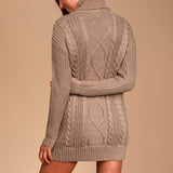 Taupe Cable Knit Turtleneck Sweater Mini Dress in taupe - view 3