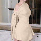One-Shoulder Bow Draped Mini Dress in cream - view 2