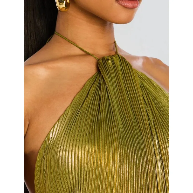 Gold Metallic Pleated Halter Maxi Dress in gold - view 4