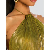 Gold Metallic Pleated Halter Maxi Dress in gold - view 4