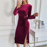 Velvet Tie-Waist Wrap Midi Dress with Slit in wine