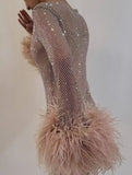 Rhinestone Metal Mesh Feather Cuff Mini Dress in nude - view 3