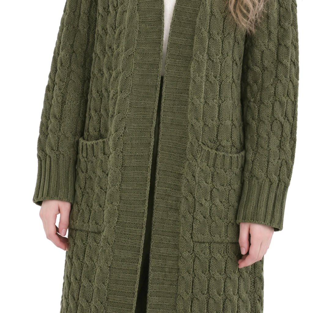 Long Cable Knit Open-Front Cardigan in olive - view 6