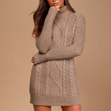 Taupe Cable Knit Turtleneck Sweater Mini Dress in taupe