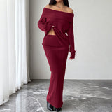 Burgundy Off-Shoulder Ribbed Knit Skirt Set in burgundy - view 4