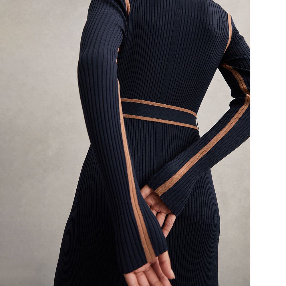Color Block Ribbed Funnel Neck Midi Sweater Dress in navy - view 5