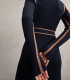 Color Block Ribbed Funnel Neck Midi Sweater Dress in navy - view 5