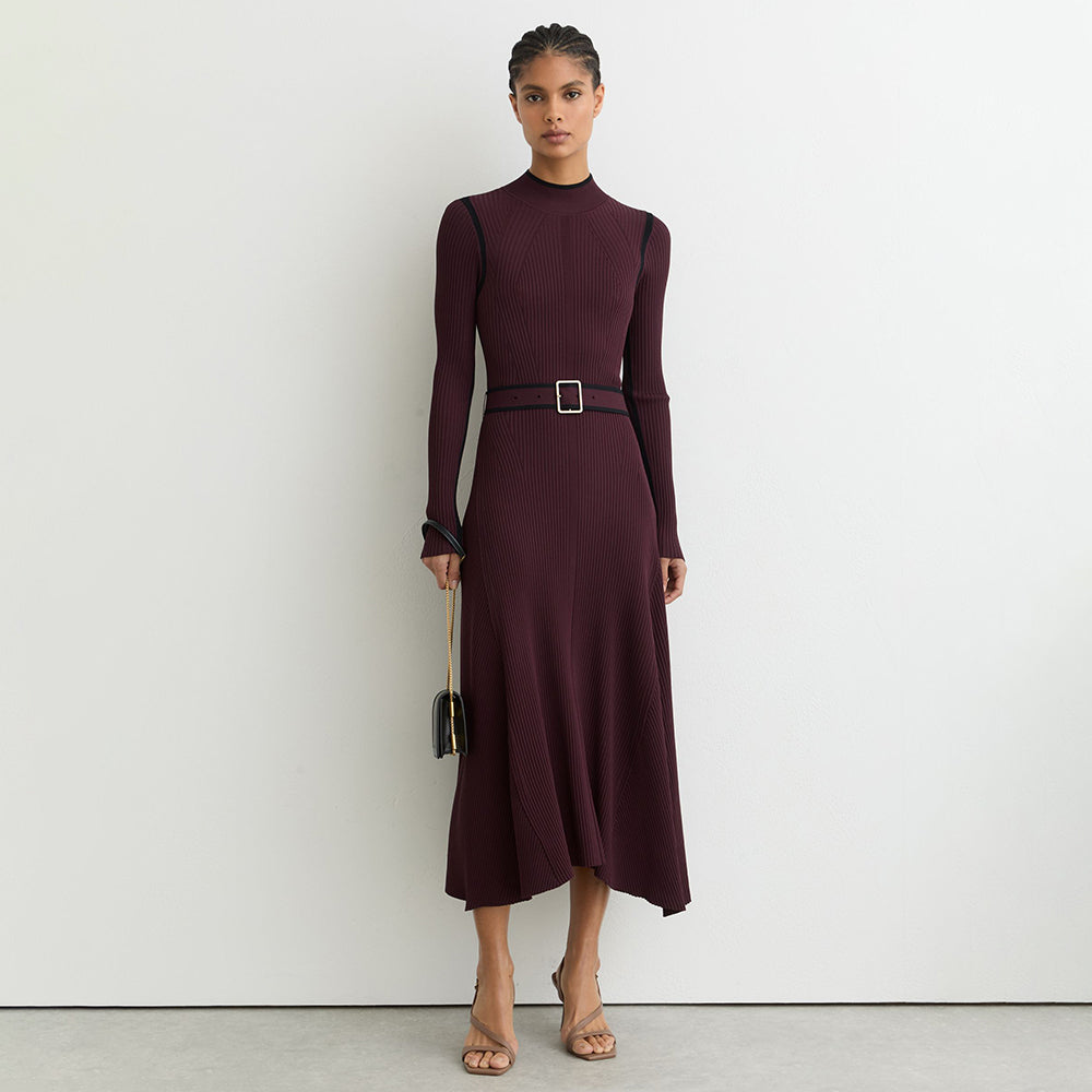 Color Block Ribbed Funnel Neck Midi Sweater Dress in burgundy