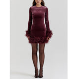 Burgundy Velvet Feather-Trim Mini Dress in burgundy - view 2